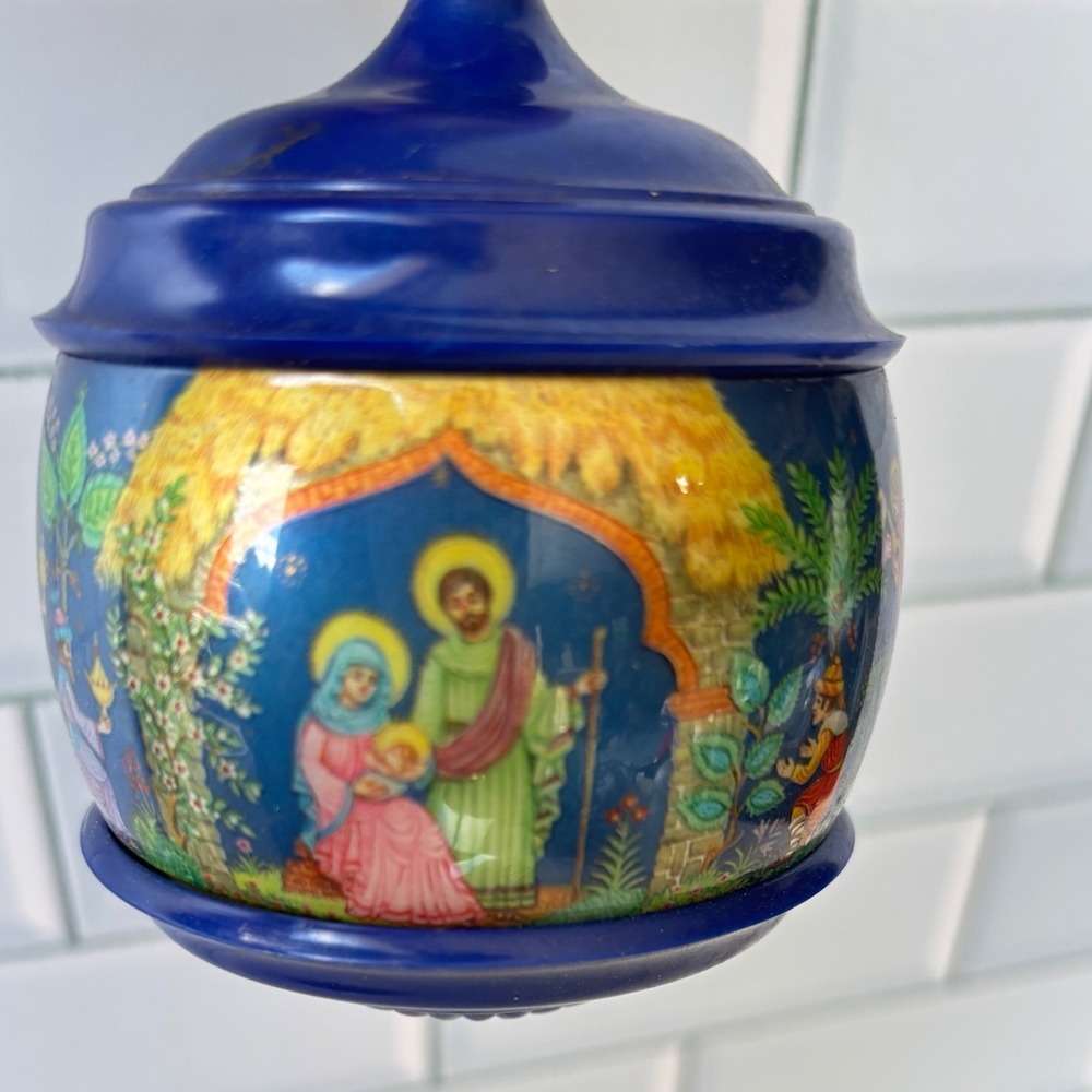 Vintage Hallmark Nativity Christmas Ornament Blue Satin Ball Wind Up Musical